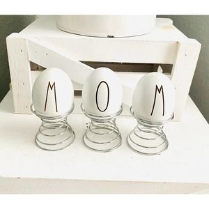 Farmhouse Inspired “Mom” Themed Wood Egg & Stand Set